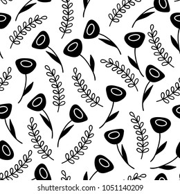 Floral seamless pattern with tulips and branches in scandinavian style. Perfect for wallpaper, gift paper, holiday greeting cards