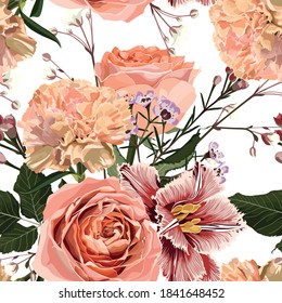 Floral Seamless Pattern with tulips, creamy roses, carnation flower, spring flowers and leaves. Blooming Flowers on white Background.	