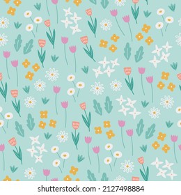 Patrón floral sin costuras con tulipanes, margarita, hojas, flores pradera sobre fondo verde claro. Perfecto para saludos de primavera y verano, papel pintado, papel envolvente, tela. Ilustración del vector