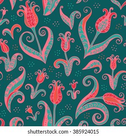 Floral seamless pattern with  tulips. Decorative flowers on turquoise background. Colorful vector illustration.