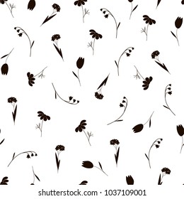 Floral seamless pattern with tulips, forget-me-nots, daisies, bells. Vector.