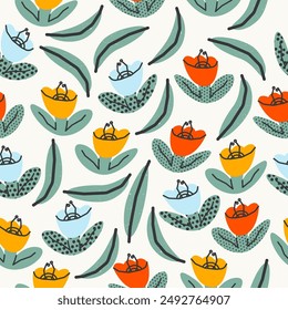 Floral seamless pattern with tulips and leaves. Vector background, print, design
