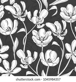 Floral seamless pattern with tulips. Monochrome vector illustration. Silhouettes and outline on dark background.