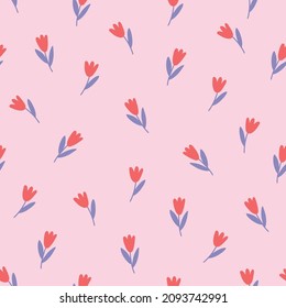 Floral seamless pattern with tulips on pink background. Perfect for spring holidays, wallpaper, greeting cards. Vector illustration
