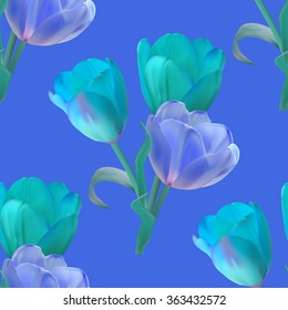 Floral seamless pattern with tulips on blue background, vector illustration.
