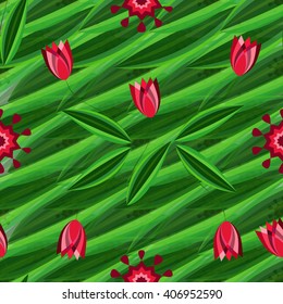 Floral seamless pattern with tulips on the background with green leaves and ornament