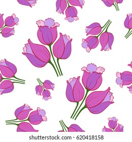 Floral seamless pattern with tulips on white background.  Spring flowers blossom hand drawn vector illustration. Vintage background with hand drawn tulips. 