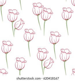 Floral seamless pattern with tulips on white background.  Spring flowers blossom hand drawn vector illustration. Vintage background with hand drawn tulips. 