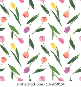 Floral seamless pattern with tulips. Red, yellow, pink, lilac spring flowers. Isolated vector illustration. Background for wrapping paper, textile, wallpaper, scrapbooking. Flat cartoon design.