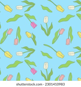 Patrón sin soldadura floral con tulipanes. Fondo de primavera con flores de flores de flores para tela, fondo de escritorio, afiches, pancartas. Ilustración del vector