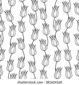 Floral seamless pattern with tulips. Vector background with decorative tulip flowers.  Pattern for invitation or greeting card isolated on white.