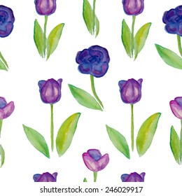 Floral seamless pattern Tulips (violet flowers with green leafs). Aquarelle purple tulips. Tulip garden as seamless pattern on a white background. Violet tulips pattern. Watercolor with tulips.