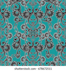 Floral seamless pattern. Turquoise background wallpaper illustration with black white  line art tracery hand drawn paisley flowers and vertical greek key striped line ornament. Vector rich  texture