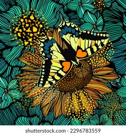 floral seamless pattern. Turquoise graphic flowers with yellow butterfly. Vector illustration