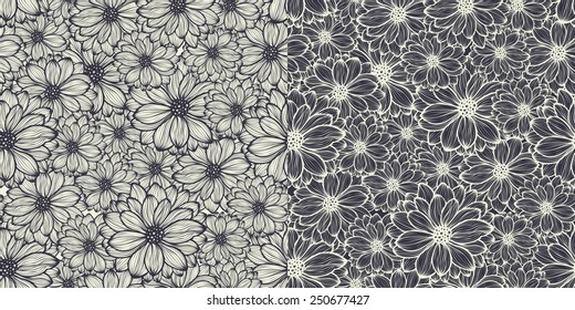 Patrón sin soldadura floral, dos variantes, recto e inverso, ambos de negro sobre blanco, ilustración vectorial