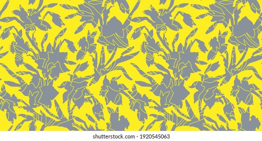 Floral seamless pattern with ultimate gray silhouettes of daffodil flowers on yellow illuminating. Colors trend hand drawn vector graphic. Template for textile, wallpaper, bedding, package design 