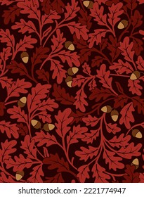 Floral seamless pattern with unusual red oak leaves and brown acorns on dark background. Vector illustration.