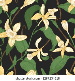 Floral seamless pattern with vanilla, leaves, blooming flowers and fruits or pods on black background. Natural vector illustration in antique style for fabric print, wallpaper, wrapping paper.