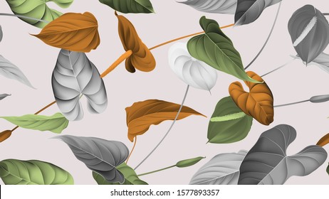 Floral seamless pattern, various color of Anthurium flowers with leaves in blue tone on bright red, vintage style