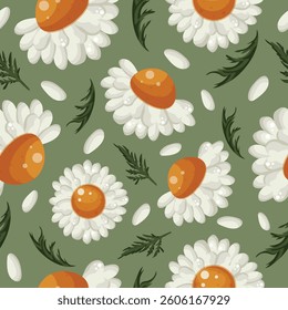 floral seamless pattern with various open white daisies, green leaves and white petals on a green background, for packaging or textiles or holiday cards