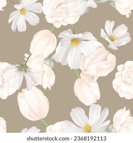 Floral seamless pattern, various white flowers on brown