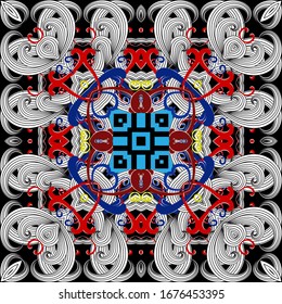 Floral seamless pattern. Vector abstract colorful geometric background. Line art tracery hand drawn intricate flowers, striped leaves, mandalas, shapes. Frames, borders. Tribal ethnic style design.