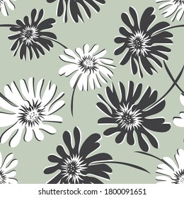 Floral seamless pattern. Vector abstract texture with simple big flower silhouettes. Elegant background with hand drawn elements. Green, black and white color. Repeat design for decor, textile, fabric