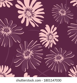 Floral seamless pattern. Vector abstract texture with simple big flower silhouettes. Elegant background with hand drawn elements. Burgundy and pink color. Repeat design for decor, fabric, wallpaper