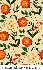 Floral seamless pattern, vector. An abstract composition of bright aster flowers, small light flowers, various leaves and plants. Light background.