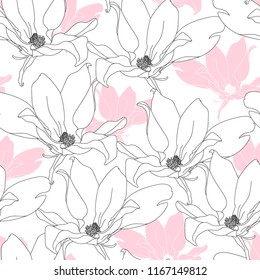 Floral seamless pattern. Vector background with flowers. Hand drawn artwork. Magnolia.