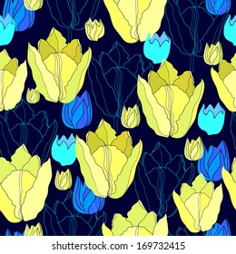 Floral seamless pattern. Vector background with flowers. Yellow tulips.