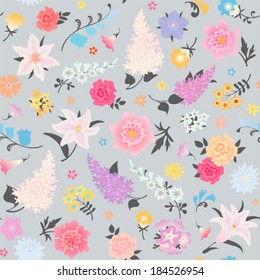 Floral seamless pattern. Vector background with varicolored flowers. 