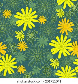 Floral seamless pattern. Vector background with yellow flowers. Hand drawn artwork for textiles, fabrics, souvenirs, packaging and greeting cards.