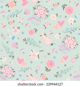 Floral seamless pattern. Vector background with various flowers and bouquets of roses. 