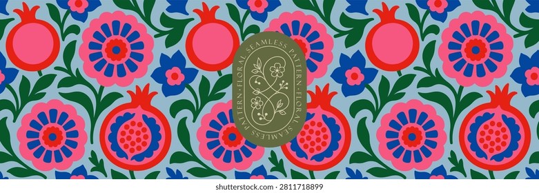 Floral seamless pattern. Vector bold naive abstract illustrations of stylized flowers and leaves for background, wallpaper, packaging, wrapping paper, textile, label and banner