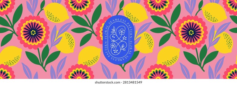Floral seamless pattern. Vector bold naive abstract illustrations of stylized flowers, lemons and leaves for background, wallpaper, packaging, wrapping paper, textile, label, fabric and banner