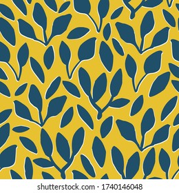Floral seamless pattern in vector. Branches and leaves on a yellow background. Seamless pattern can be used for wallpaper, pattern fills, web page background, surface textures.