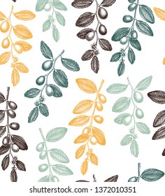 Floral seamless pattern. Vector Coffeeberry (Jojoba) illustration. Hand drawn flowering tree sketch. Botanical background. Vintage plant drawing.