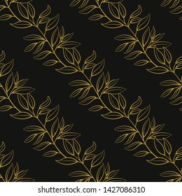 Floral seamless pattern. Vector diagonal golden branches with leaves on black background. Design for fabrics, wallpapers, textiles, web design. 