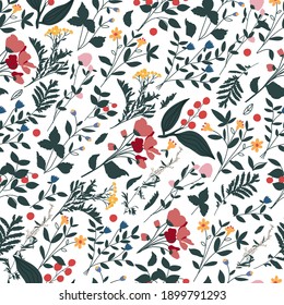 Floral seamless pattern in vector. Different flowers, plant elements. Nature, wildflowers. For wrapping paper, wallpaper, decoration.