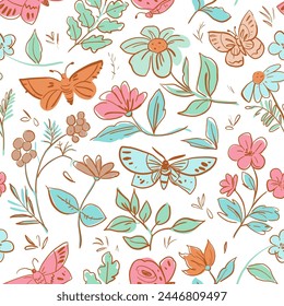 Floral seamless pattern. Vector doodles, butterflies, flowers, plants. Rough sketch style