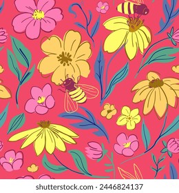 Patrón floral sin costuras. Garabatos de Vector, abejas, flores, plantas. Estilo de esbozo de desbaste