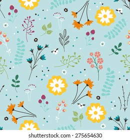 Floral Seamless Pattern. Vector Endless Damask with Flowers, Leaves and Berries. Beautiful Summer Background.