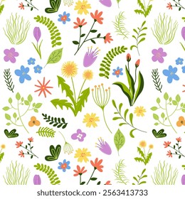 Floral seamless pattern, vector, flat style, spring flowers background