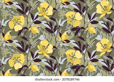 Floral seamless pattern, vector flower background. Yellow flowers of the California poppy with purple-brown, gray twigs and leaves. Floral elements of olive, green color.