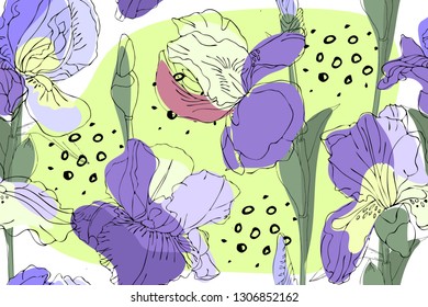 Floral seamless pattern. Vector flowers, stems, leaves. Purple and yellow iris flowers (fleur-de-lis) on a pale neon green background.