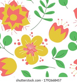 Floral seamless pattern. Vector flowers. Color sketch. Doodle background. Green leaves