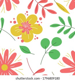 Floral seamless pattern. Vector flowers. Color sketch. Doodle background. Green leaves