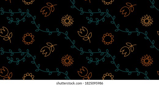 Floral seamless pattern. Vector flowers. Outline fashion print. Design for textile or clothes. Hand drawn repeating elements. Natural background