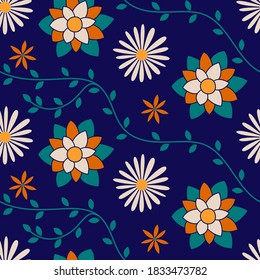 Floral seamless pattern. Vector flowers. Fashion print. Design for textile or clothes. Chamomile. Hand drawn repeating elements. Natural background